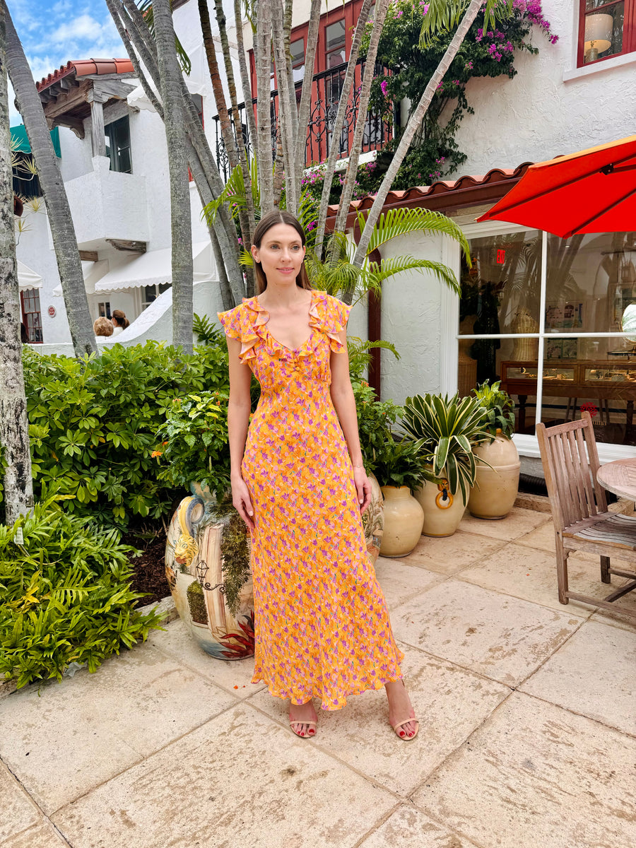 orange ruffle midi dress Orange Long Ruffle Dress S