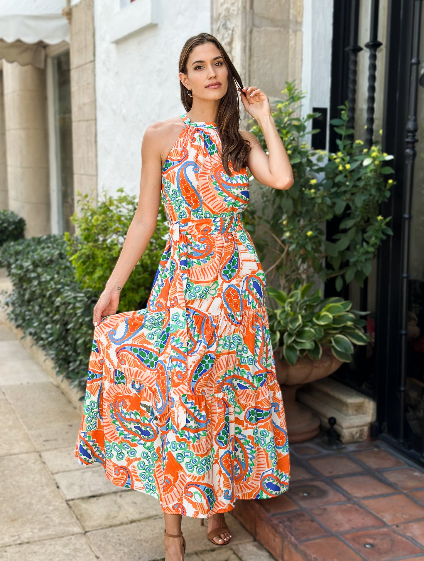 Orange / Blue Print Hi Long Dress