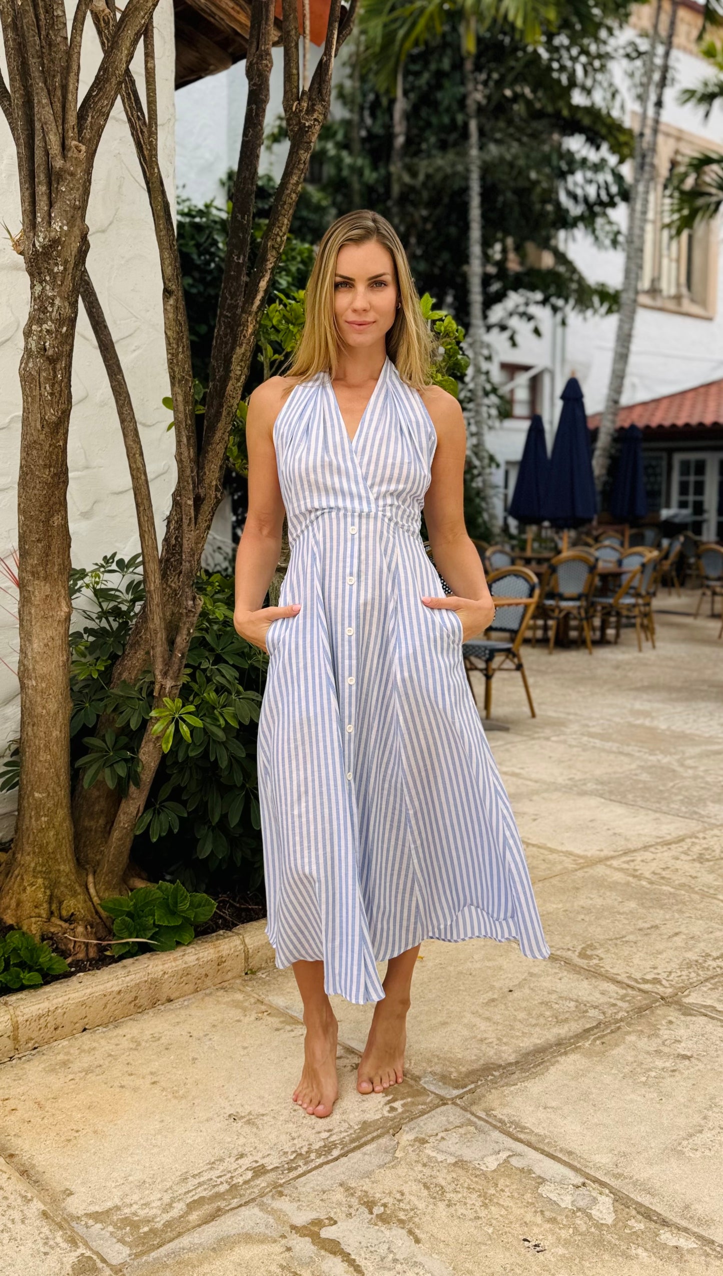 blue halter linen dress Penelope Halter Linen Maxi Dress