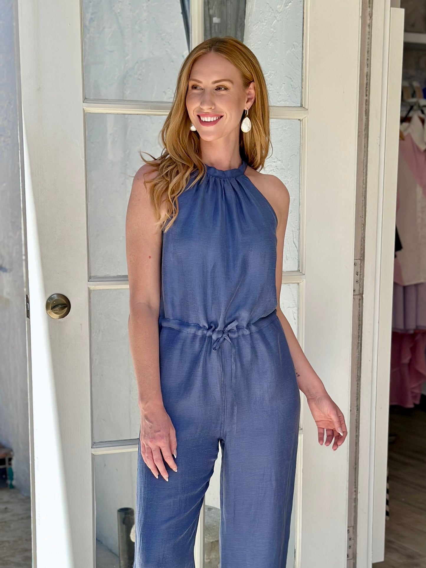 Load image into Gallery viewer, Blue Cowl Neck Jumpsuit
