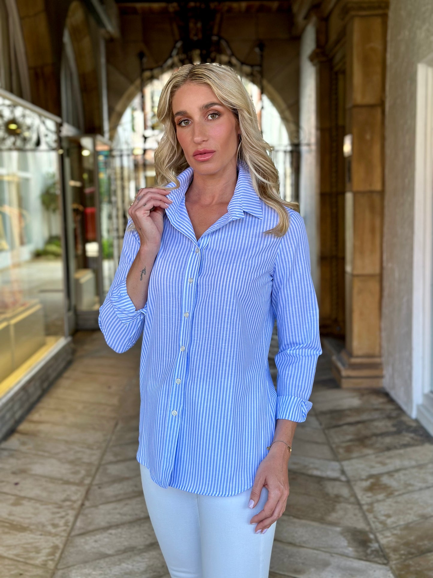 Load image into Gallery viewer, Blue with White Stripe Cotton Shirt

