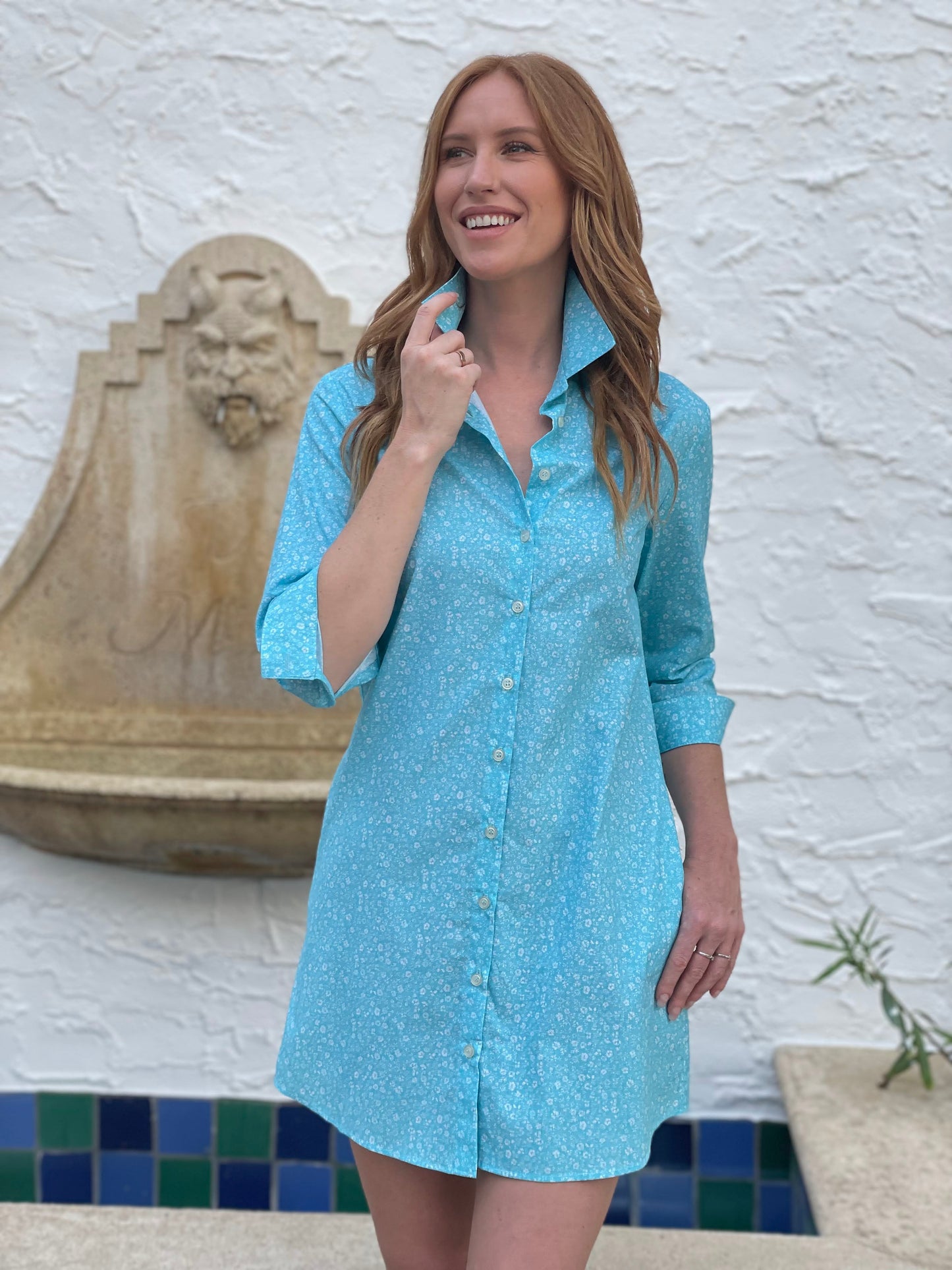 Turquoise Flower Shirt Dress