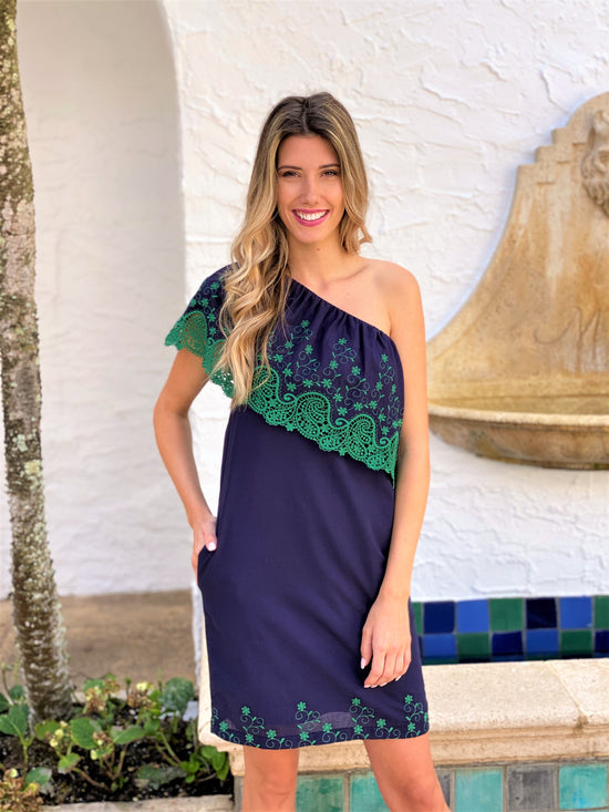 Navy/Green Embroided One Shoulder Dress