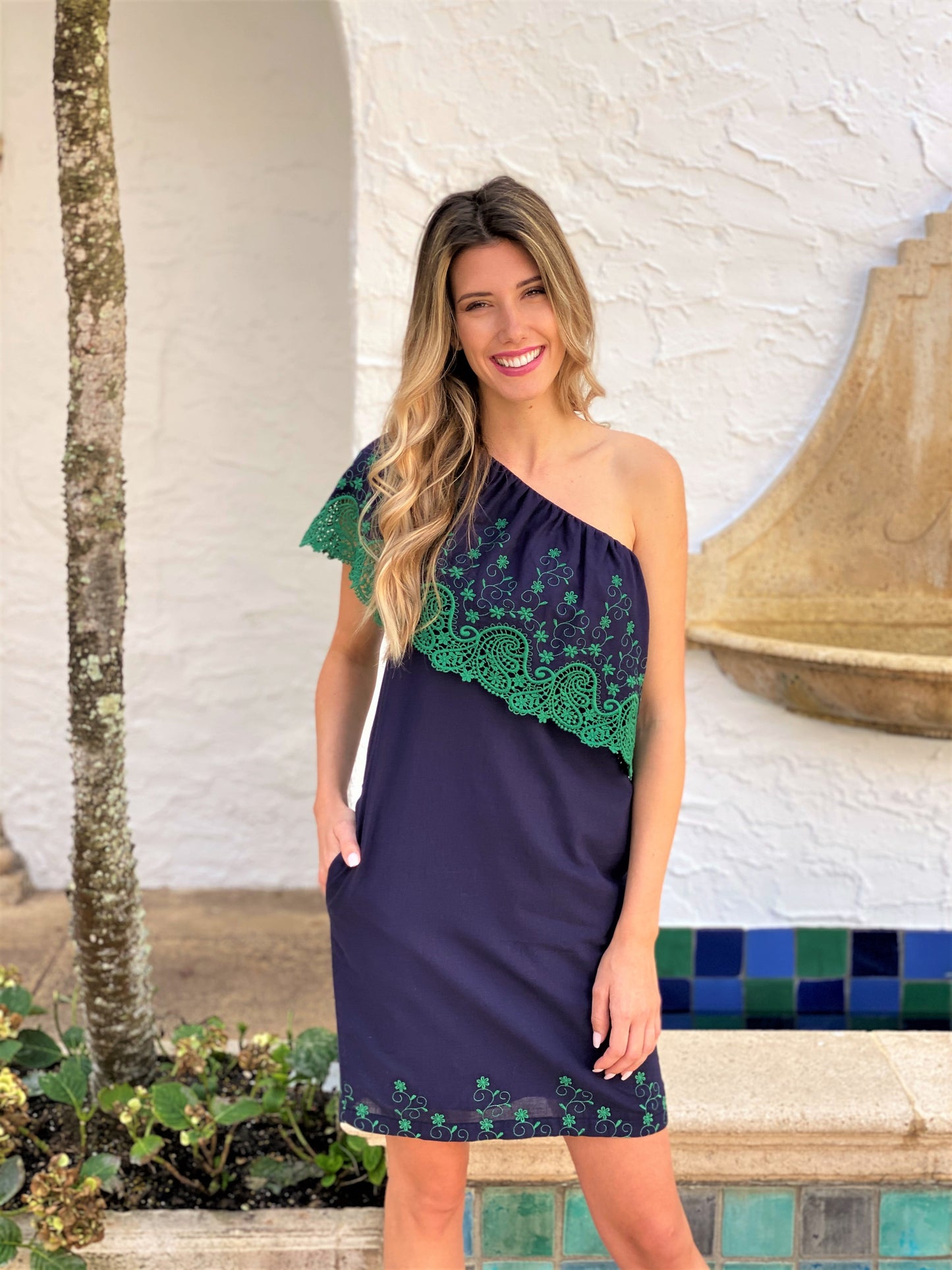 Load image into Gallery viewer, Navy/Green Embroided One Shoulder Dress
