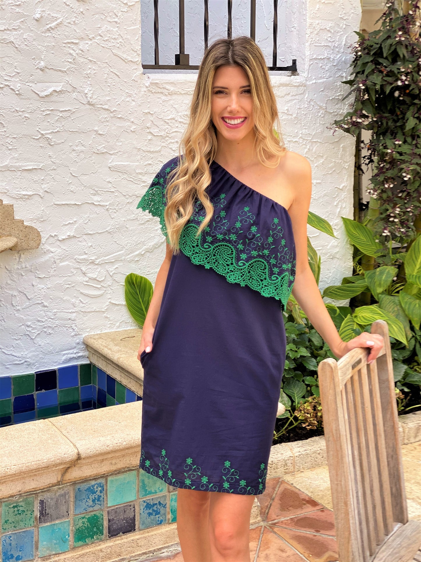 Navy/Green Embroided One Shoulder Dress